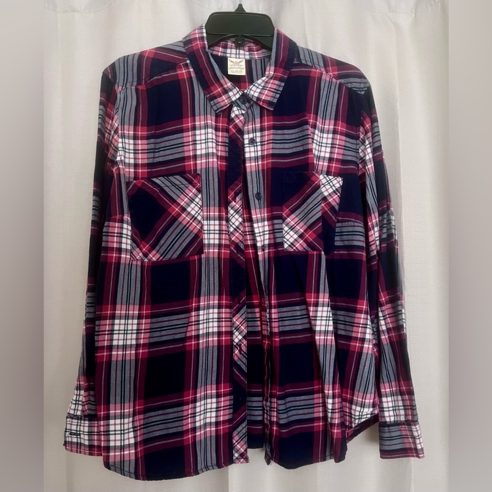 Faded Glory Red Navy Plaid Button Down Flannel Shirt XL
